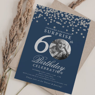 Verrassing 60e Verjaardag Zilveren Confetti Navy B Kaart