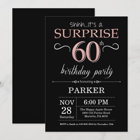 Verrassing 60e verjaardag zwart en Roos roze goud Kaart (Voorkant / Achterkant)