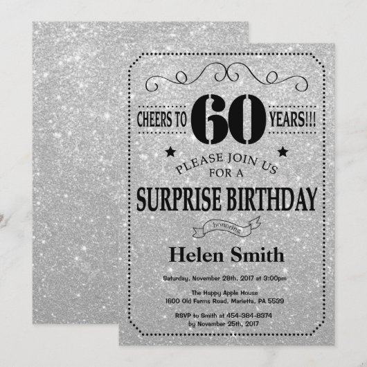 Verrassing 60e verjaardag zwart en zilver glitter kaart (Voorkant / Achterkant)