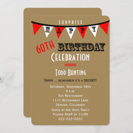 Verrassing 60e Verjaardagsfeestuitnodigingen Bunti Kaart (Voorkant / Achterkant)