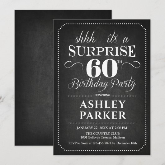 Verrassing 60ste verjaardag - Chalkboard Zwart Wit Kaart (Voorkant / Achterkant)