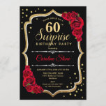 Verrassing 60ste verjaardag - Zwart Goud Rood Uitn Kaart<br><div class="desc">Verrassing 60ste verjaardag uitnodiging. Vrouwelijk zwart,  rood design met faux glitter goud. Beschikt over rode rozen,  script lettertype en confetti. Perfect voor een elegant verjaardagsfeestje. Kan worden gepersonaliseerd om elke leeftijd te shows. Stuur me een bericht als je verder moet worden aangepast.</div>