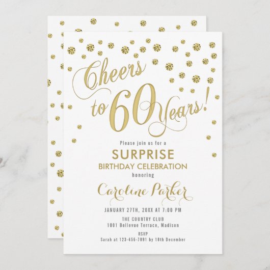 Verrassing 60ste Verjaardagsfeest - Goud Wit Kaart (Voorkant / Achterkant)