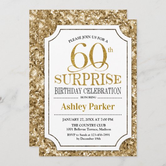 Verrassing 60ste Verjaardagsfeest - Goud Wit Kaart (Voorkant / Achterkant)