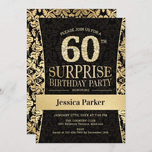Verrassing 60ste Verjaardagsfeest - Goud Zwart Kaart (Voorkant / Achterkant)