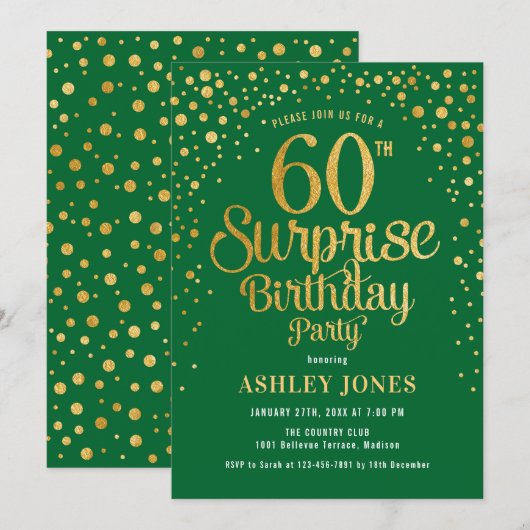 Verrassing 60ste Verjaardagsfeest - Groen & Goud Kaart (Voorkant / Achterkant)