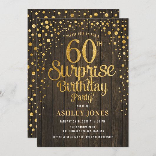 Verrassing 60ste Verjaardagsfeest - Hout & Goud Kaart (Voorkant / Achterkant)