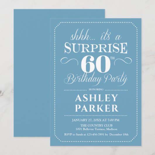 Verrassing 60ste Verjaardagsfeest - Lichtblauw Wit Kaart (Voorkant / Achterkant)