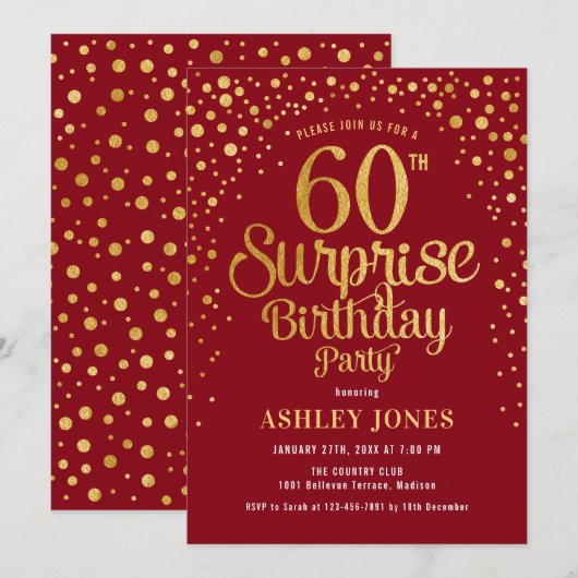 Verrassing 60ste Verjaardagsfeest - Rood & Goud Kaart (Voorkant / Achterkant)