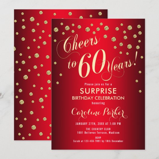 Verrassing 60ste Verjaardagsfeest - Rood Goud Kaart (Voorkant / Achterkant)