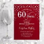 Verrassing 60ste Verjaardagsfeest - Rood Zilver Kaart<br><div class="desc">Verrassing 60e verjaardag feestuitnodiging. Elegant design in donkerrood en faux glitter zilver. Beschikt over scriptlettertype en diamanten confetti. Proost 60 jaar! Stuur me een bericht als je verder moet worden aangepast.</div>