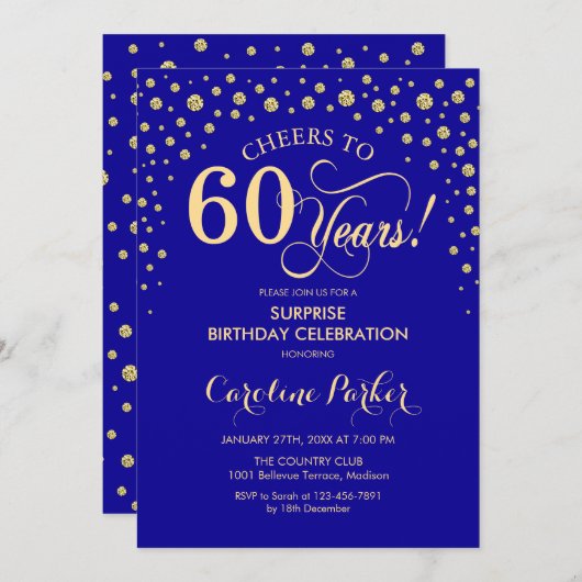 Verrassing 60ste Verjaardagsfeest - Royal Blue Gol Kaart (Voorkant / Achterkant)