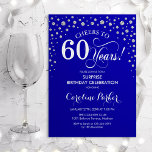 Verrassing 60ste Verjaardagsfeest - Royal Blue Sil Kaart<br><div class="desc">Verrassing 60e verjaardag feestuitnodiging. Elegant design in koningsblauw en faux glitter zilver. Beschikt over scriptlettertype en diamanten confetti. Proost 60 jaar! Stuur me een bericht als je verder moet worden aangepast.</div>