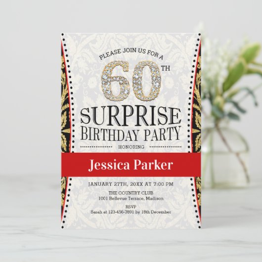 Verrassing 60ste Verjaardagsfeest - Wit Goud Rood Kaart (Staand voorkant)