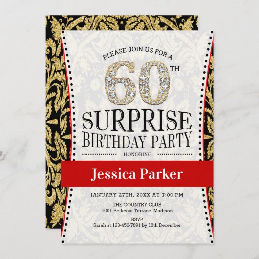 Verrassing 60ste Verjaardagsfeest - Wit Goud Rood Kaart (Voorkant / Achterkant)