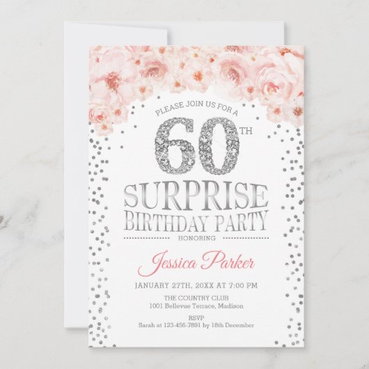 Verrassing 60ste Verjaardagsfeest - Wit Zilver Roz Kaart (Voorkant)