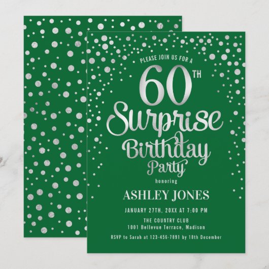 Verrassing 60ste Verjaardagsfeest - Zilver & Groen Kaart (Voorkant / Achterkant)