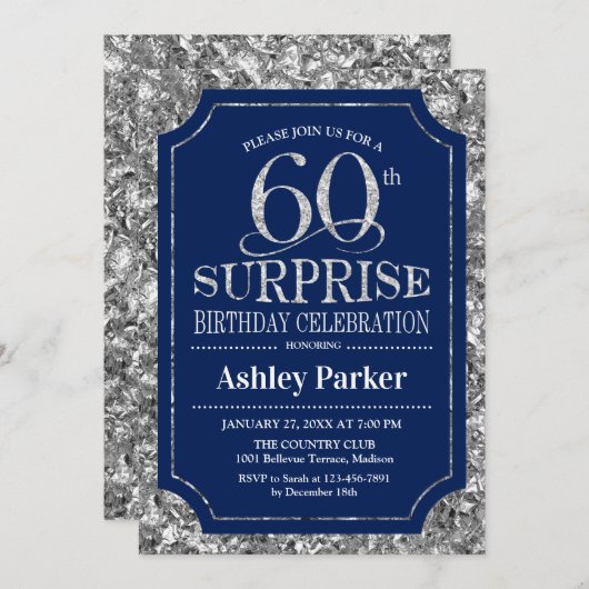 Verrassing 60ste Verjaardagsfeest - Zilver Navy Bl Kaart (Voorkant / Achterkant)