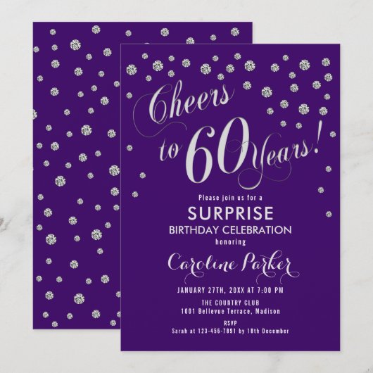 Verrassing 60ste Verjaardagsfeest - Zilver Paarse Kaart (Voorkant / Achterkant)