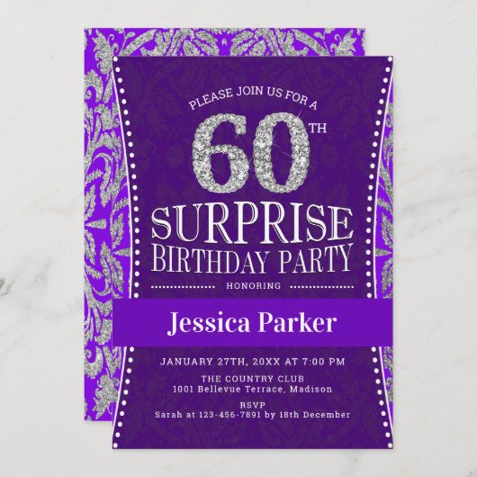 Verrassing 60ste Verjaardagsfeest - Zilver Paarse Kaart (Voorkant / Achterkant)