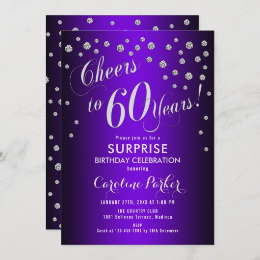 Verrassing 60ste Verjaardagsfeest - Zilver Paarse Kaart (Voorkant / Achterkant)