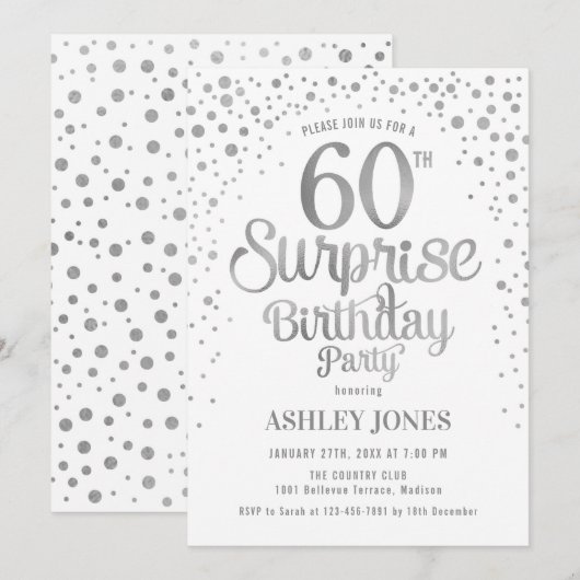 Verrassing 60ste Verjaardagsfeest - Zilver & Wit Kaart (Voorkant / Achterkant)