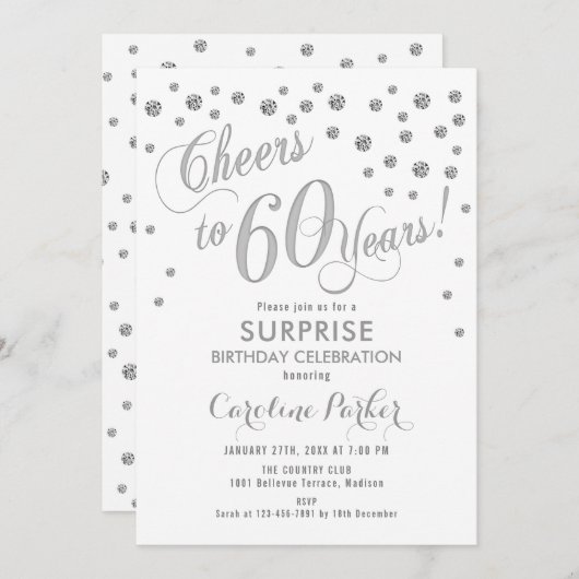 Verrassing 60ste Verjaardagsfeest - Zilver Wit Kaart (Voorkant / Achterkant)