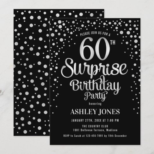 Verrassing 60ste Verjaardagsfeest - Zilver & Zwart Kaart (Voorkant / Achterkant)