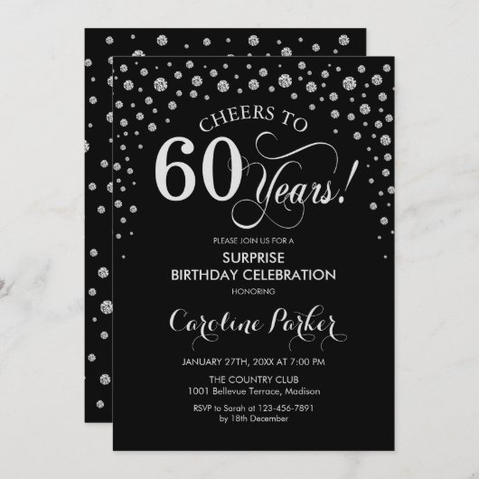 Verrassing 60ste Verjaardagsfeest - Zwart Zilver Kaart (Voorkant / Achterkant)