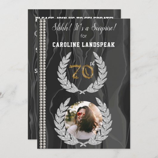 Verrassing 70e verjaardag foto, goud, parels & zij kaart (Voorkant / Achterkant)