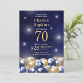 Verrassing 70e verjaardag Navy Blue Gold Ballonnen Kaart (Staand voorkant)