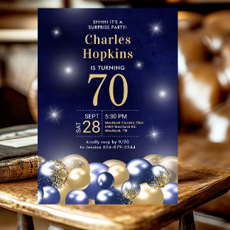 Verrassing 70e verjaardag Navy Blue Gold Ballonnen Kaart