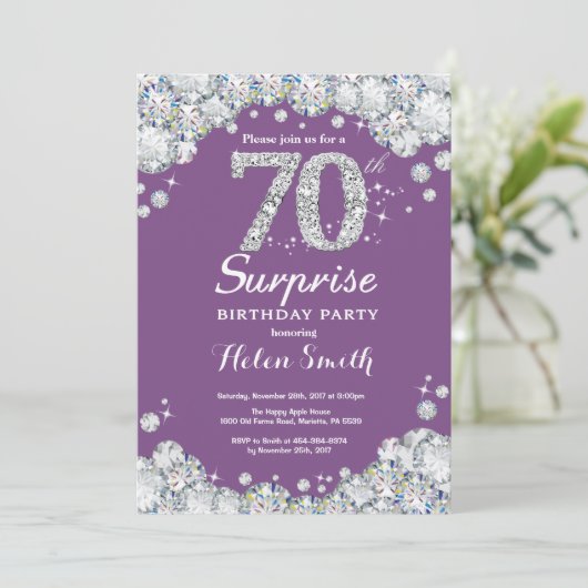 Verrassing 70e verjaardag Paarse en zilveren diama Kaart (Staand voorkant)