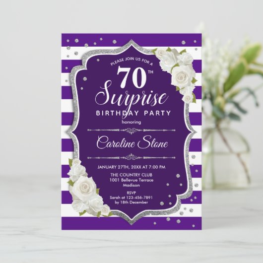 Verrassing 70e Verjaardag - Paarse zilveren wit Kaart (Staand voorkant)