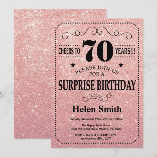 Verrassing 70e verjaardag Roze Rose Gouden Glitter Kaart (Voorkant / Achterkant)