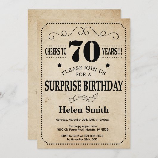 Verrassing 70e verjaardag rustieke retro kaart (Voorkant / Achterkant)