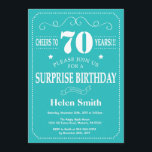 Verrassing 70e verjaardag uitnodiging Blauwgroen e<br><div class="desc">Surprise 70th Birthday Invitation Blauwgroen en witte typografie. Blauwgroen achtergrond. Verjaardag voor volwassenen. Verjaardag van Mannen of vrouwen. Kinder jongen of meisje dame tiener Bday Nodig uit. 13e 15e 16e 18e 20e 21e 30e 40e 50e 60e 70e 80e 90e 100e. Elke leeftijd. Voor verdere aanpassing klikt u op de knop...</div>