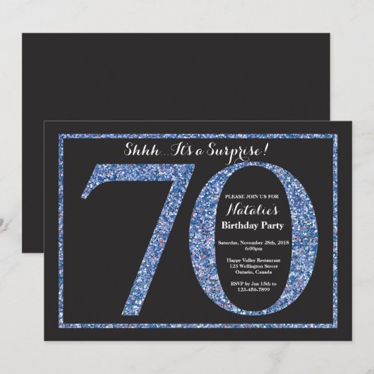 Verrassing 70e verjaardag uitnodiging Blue Glitter (Voorkant / Achterkant)