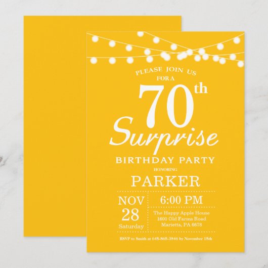 Verrassing 70e verjaardag uitnodiging geel (Voorkant / Achterkant)