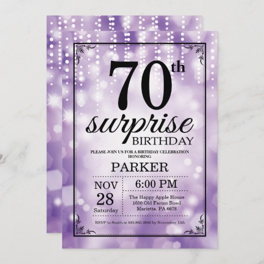 Verrassing 70e verjaardag uitnodiging Paarse glitt (Voorkant / Achterkant)