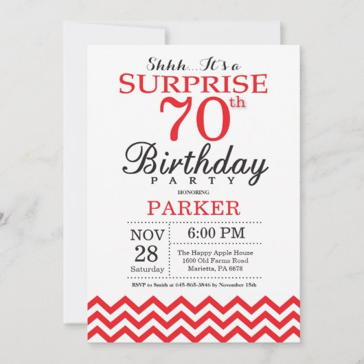 Verrassing 70e verjaardag uitnodiging rode Chevron (Voorkant)