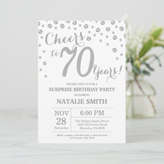 Verrassing 70e verjaardag Zilveren Glitter Diamant Kaart (Staand voorkant)
