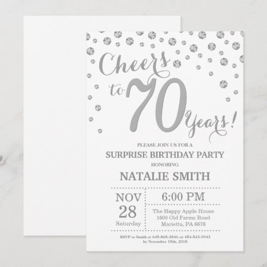 Verrassing 70e verjaardag Zilveren Glitter Diamant Kaart (Voorkant / Achterkant)