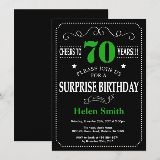 Verrassing 70e verjaardag zwart en groen schoolbor kaart (Voorkant / Achterkant)