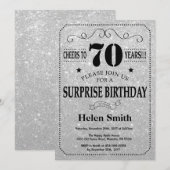 Verrassing 70e verjaardag zwart en zilver glitter kaart (Voorkant / Achterkant)