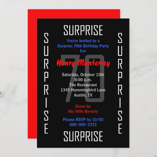 Verrassing 70e Verjaardagsfeestuitnodiging 70 Kaart (Voorkant / Achterkant)
