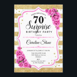 Verrassing 70ste verjaardag - Goud Wit Roze Kaart<br><div class="desc">Verrassing 70e verjaardag uitnodiging. Vrouwelijk wit,  roze ontwerp met faux glitter goud. Beschikt over strepen,  blush roze rozen,  script lettertype en confetti. Perfect voor een elegant verjaardagsfeestje. Kan worden gepersonaliseerd om elke leeftijd te shows. Stuur me een bericht als je verder moet worden aangepast.</div>