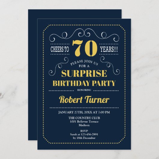 Verrassing 70ste verjaardag - Navy Gold Kaart (Voorkant / Achterkant)