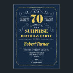 Verrassing 70ste verjaardag - Navy Gold Kaart<br><div class="desc">Verrassing 70e verjaardag uitnodiging. Elegant retro navy blauw en geel goud ontwerp. Proost op 70 jaar! Kan worden aangepast aan het shows van elke leeftijd.</div>
