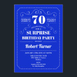 Verrassing 70ste verjaardag - Royal Blue Kaart<br><div class="desc">Verrassing 70e verjaardag uitnodiging. Elegant retro koninklijk blauw en wit ontwerp. Proost op 70 jaar! Kan worden aangepast aan het shows van elke leeftijd.</div>